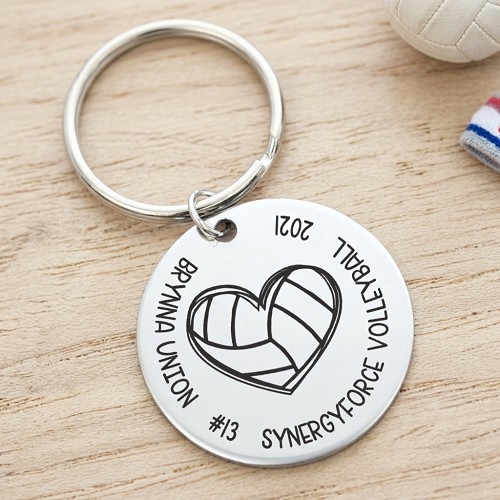 Personalized volleyball keychain with heart shaped volleyball player name jersey number team school and year 