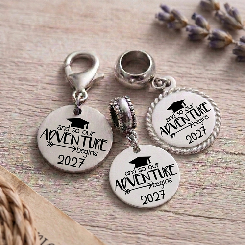 Personalized graduation year charm with And So Our Adventure Begins graduation cap design and optional back personalization 