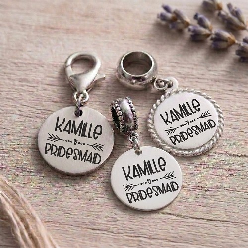 Personalized bridal party charm with custom name and Bridesmaid title, heart and arrow design, connector options and optional personalized back 
