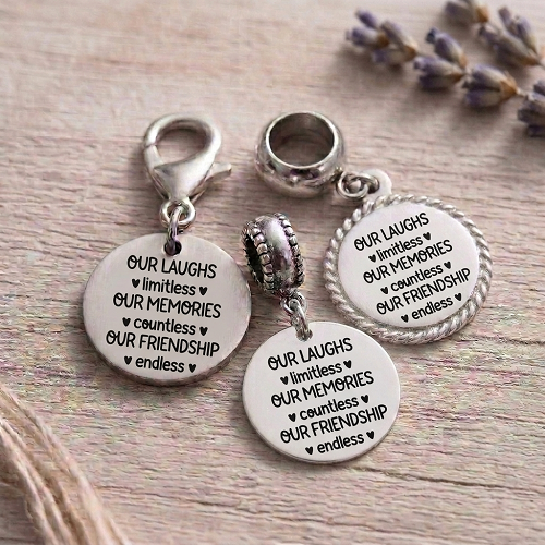 Friendship charm with limitless laughs countless memories endless friendship saying and optional personalized back 