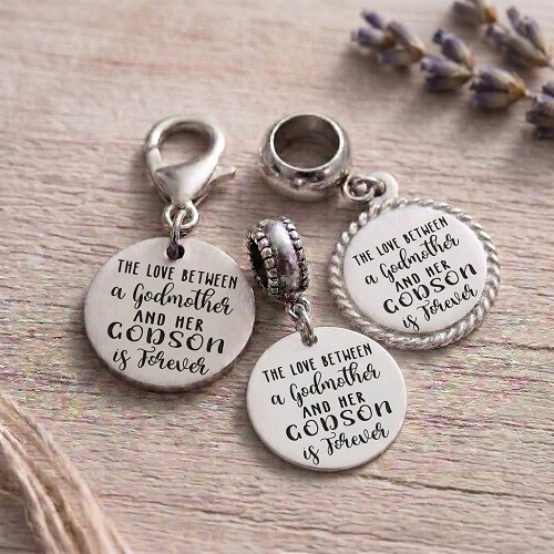 Godmother and godchild charm with choice of Godson or Goddaughter sentiment and optional personalized back 