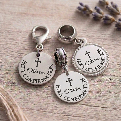 Personalized Holy Confirmation charm with cross and recipient name with optional back personalization 