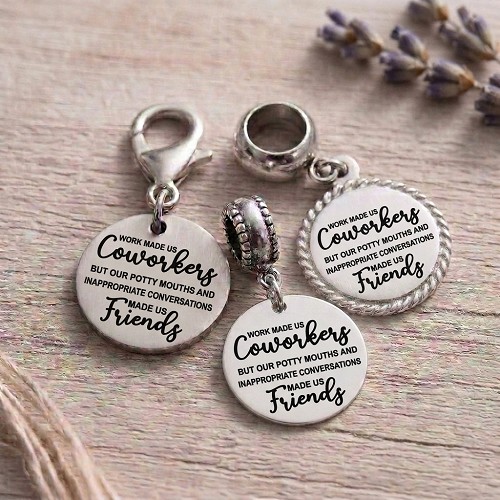 Funny coworker friendship charm with potty mouth and inappropriate conversations saying and optional personalized back 