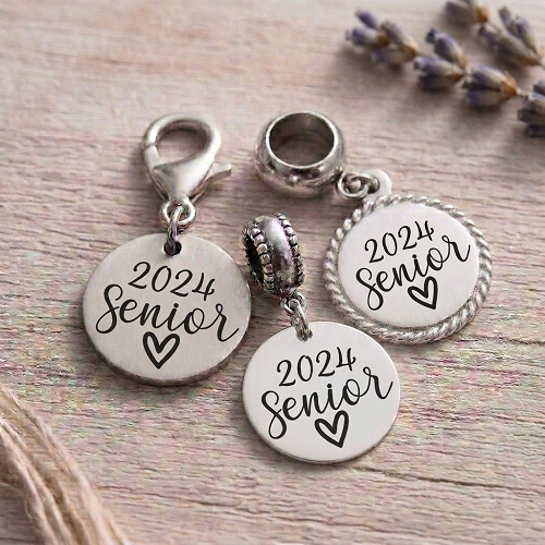 Personalized Senior graduation charm with custom graduation year, heart design, connector style choices and optional back personalization 